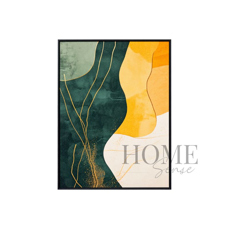 Where Emerald Meets Gold portrait abstract fine art print featuring flowing emerald green, sage, golden-yellow and ivory forms with fine gold-effect lines in a black aluminium frame, 70x90cm