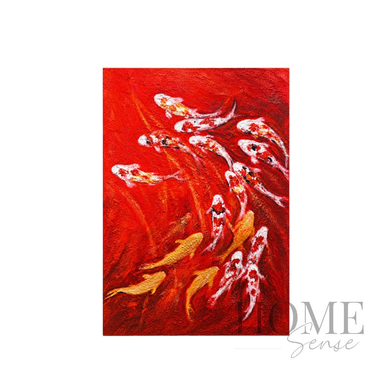 Koi of Eternal Fortune large frameless textured acrylic wall art featuring red, white and gold-toned koi, 100x150cm