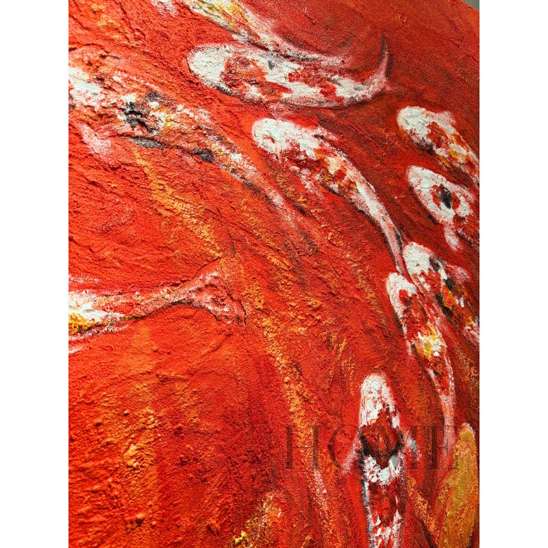 Close-up of Koi of Eternal Fortune textured acrylic wall art showing raised white-and-red koi across a richly layered crimson background