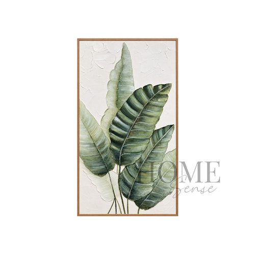 Botanical Serenity portrait textured acrylic wall art featuring layered tropical leaves in sage, olive and forest green with an oak-colour aluminium frame, 70x140cm
