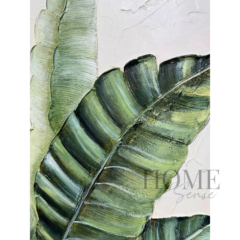 Close-up of Botanical Serenity acrylic wall art showing raised brushwork and layered green texture across overlapping tropical leaves
