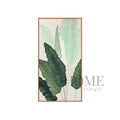 Morning Beneath the Leaves portrait textured acrylic wall art featuring layered mint, sage and forest-green tropical leaves in an oak-colour aluminium frame, 70x140cm