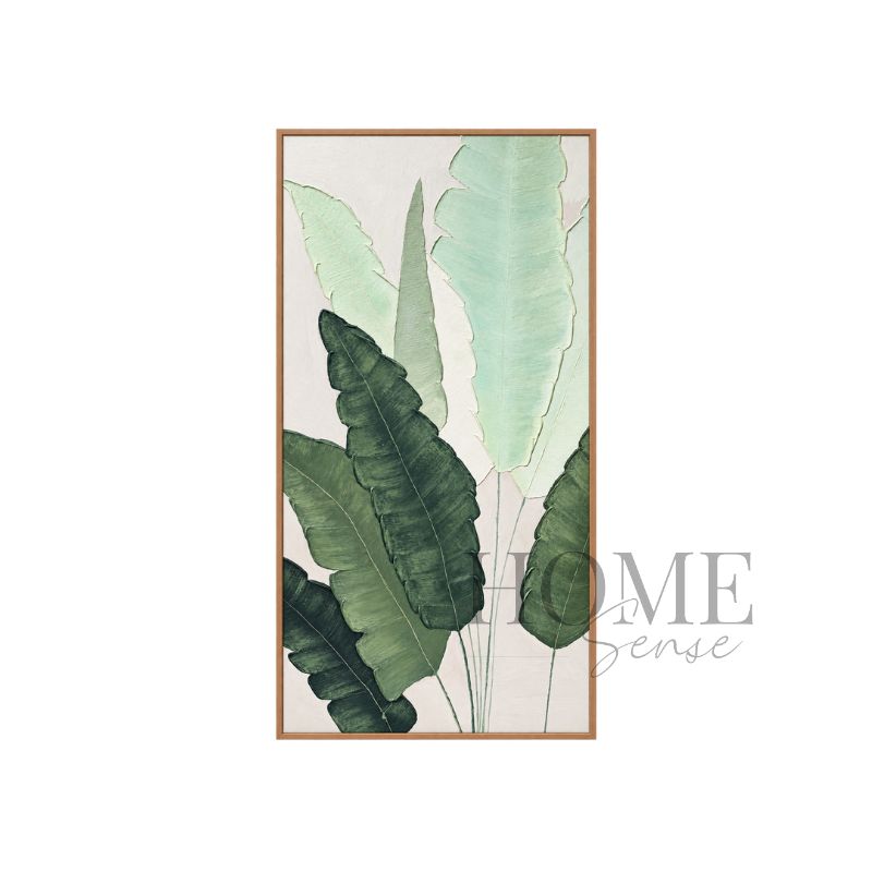 Morning Beneath the Leaves portrait textured acrylic wall art featuring layered mint, sage and forest-green tropical leaves in an oak-colour aluminium frame, 70x140cm