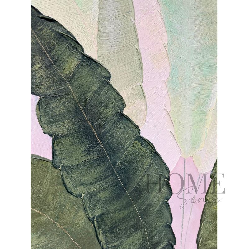 Close-up of Morning Beneath the Leaves showing raised acrylic brushwork across overlapping mint, sage and deep-green botanical leaves