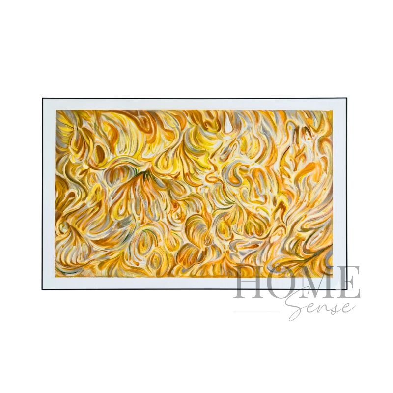 Petals of Radiance landscape textured abstract acrylic wall art featuring ivory, amber, ochre and terracotta petal-like forms in a black aluminium frame, 160x100cm