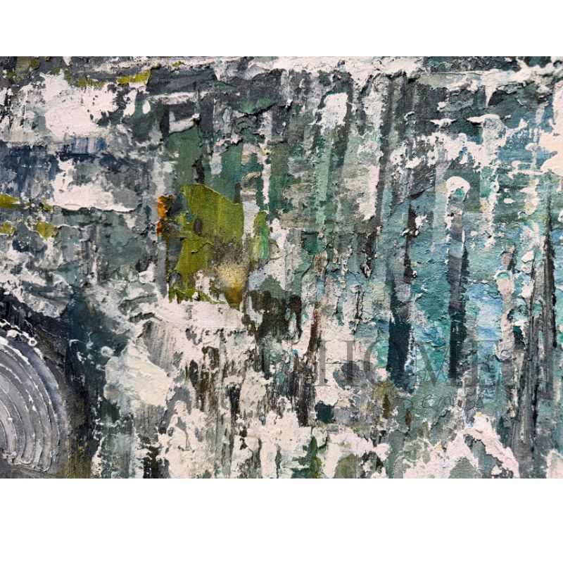 Close-up of Urban Rain Symphony showing raised acrylic texture, layered rainfall marks and teal, blue-grey, white and charcoal details