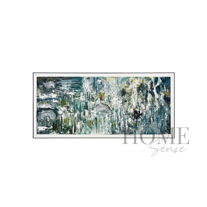 Urban Rain Symphony panoramic textured abstract acrylic wall art featuring teal, blue-grey, charcoal, white and sage tones in a black aluminium frame, 180x80cm