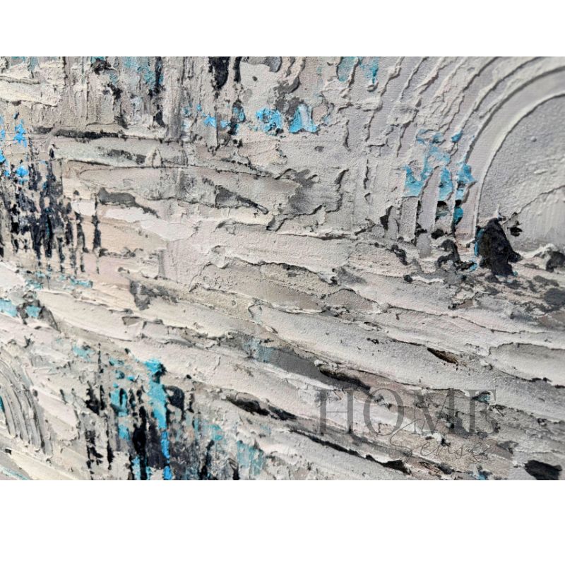 Close-up of Arctic Rhythm showing heavily raised acrylic texture with layered white, silver-grey, charcoal and aqua-blue details