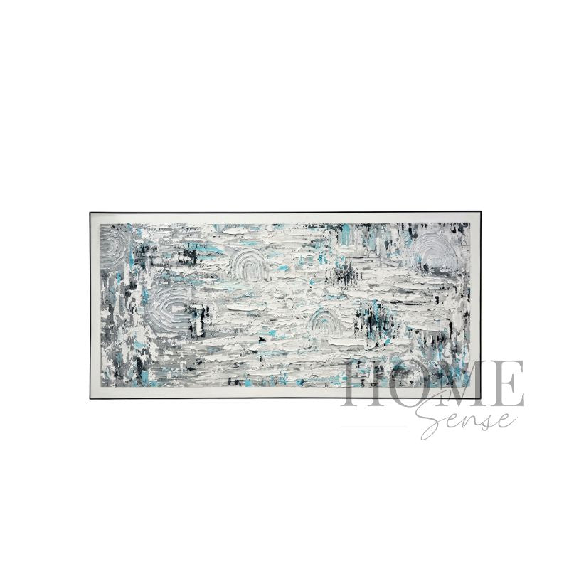 Arctic Rhythm panoramic textured abstract acrylic wall art featuring white, silver grey, charcoal and icy aqua-blue details in a black aluminium frame, 180x80cm