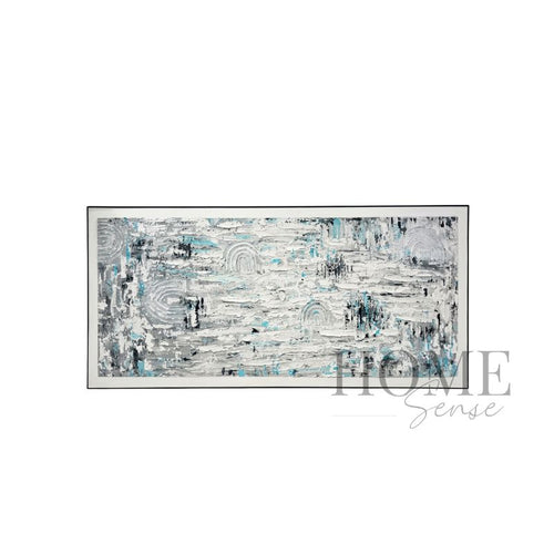 Arctic Rhythm panoramic textured abstract acrylic wall art featuring white, silver grey, charcoal and icy aqua-blue details in a black aluminium frame, 180x80cm