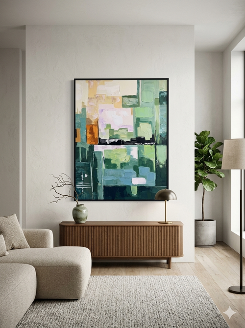 Modern living room with abstract art, wooden cabinet, and gray sofa.