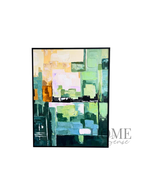 Abstract Horizon green textured canvas wall art in a black aluminium frame, 60x80cm