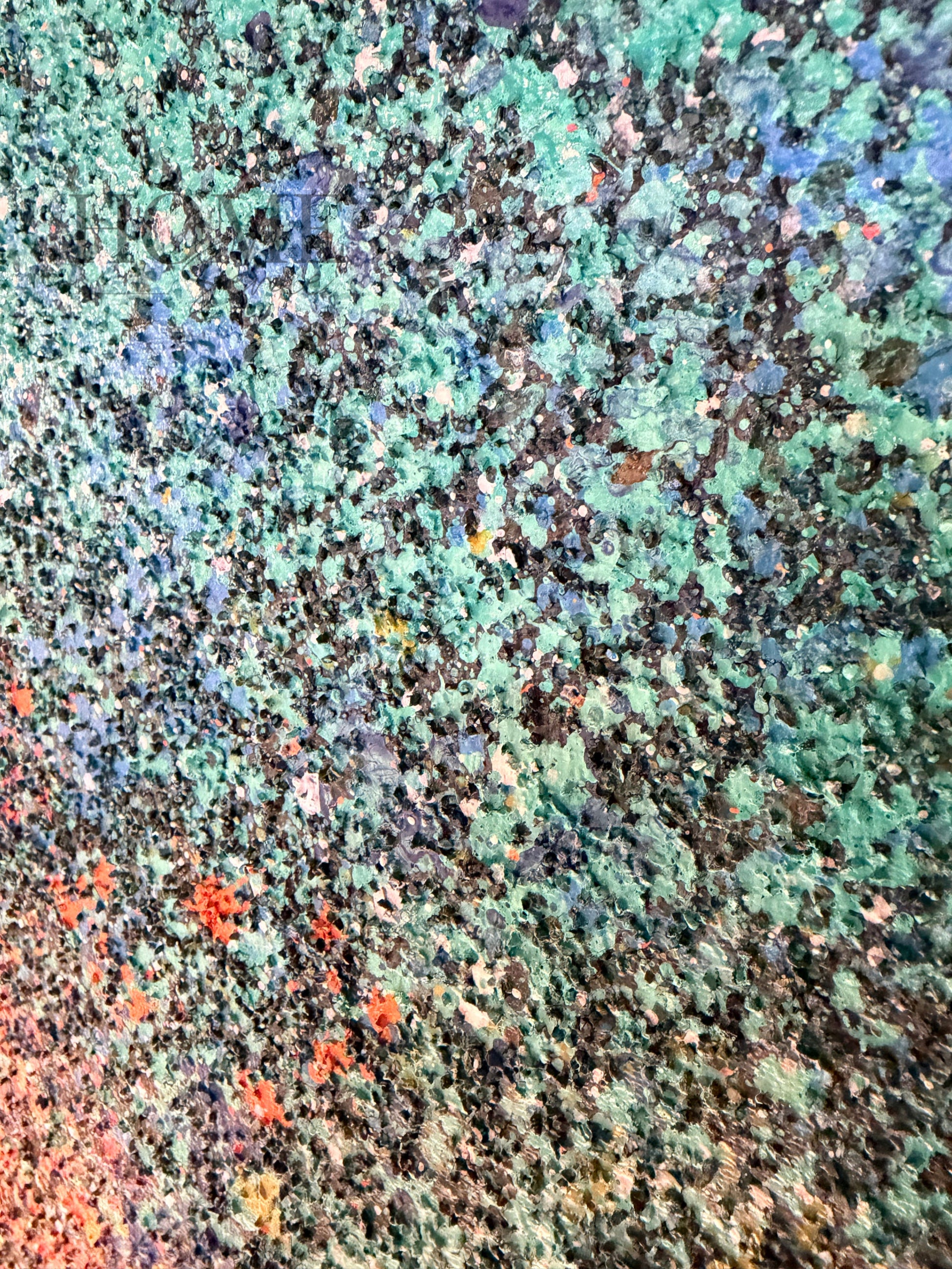 Close-up of layered turquoise, blue and coral speckled details on Midnight Nebula canvas art