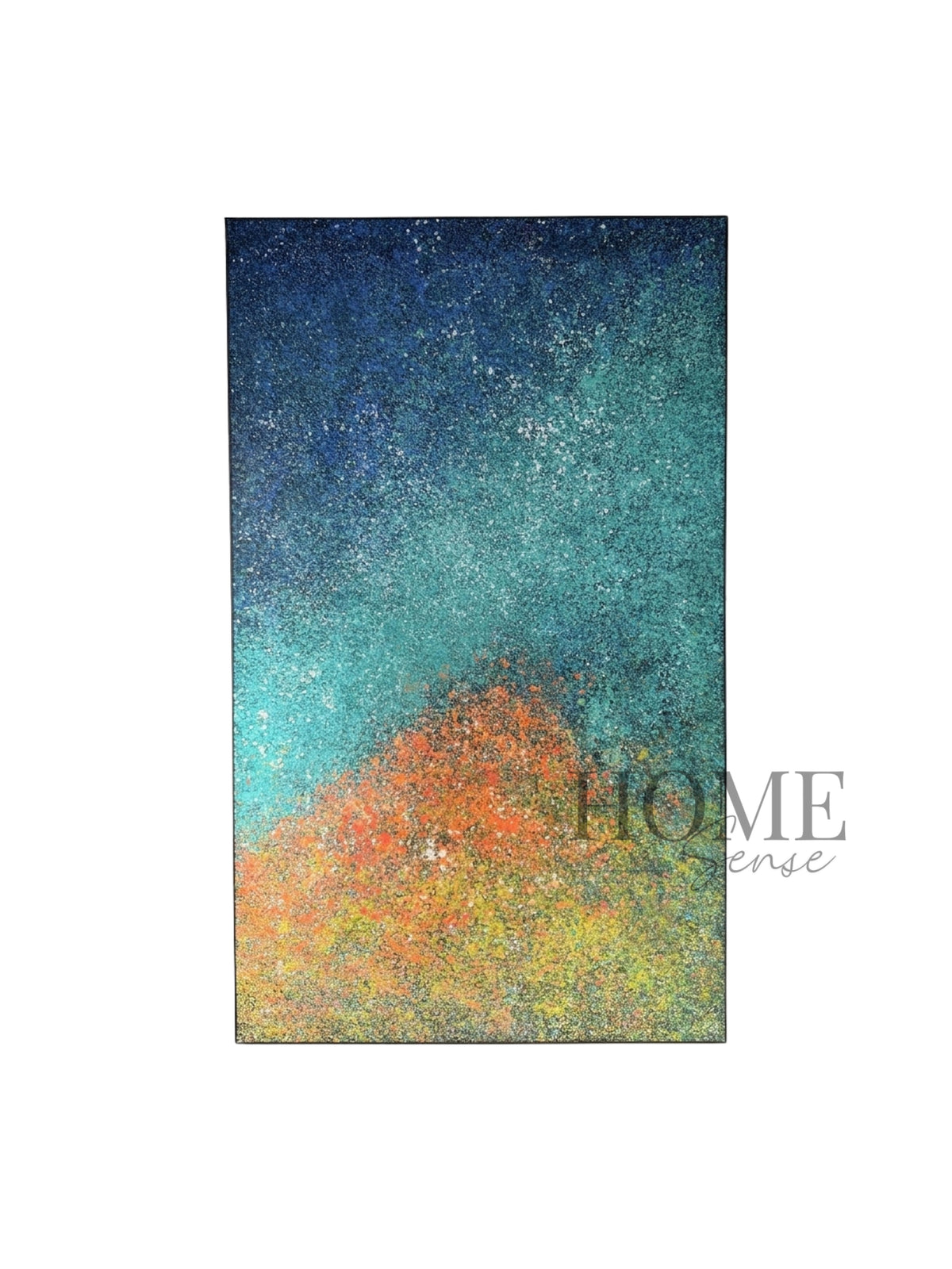 Midnight Nebula large blue and turquoise abstract canvas wall art in a black aluminium frame, 120x200cm