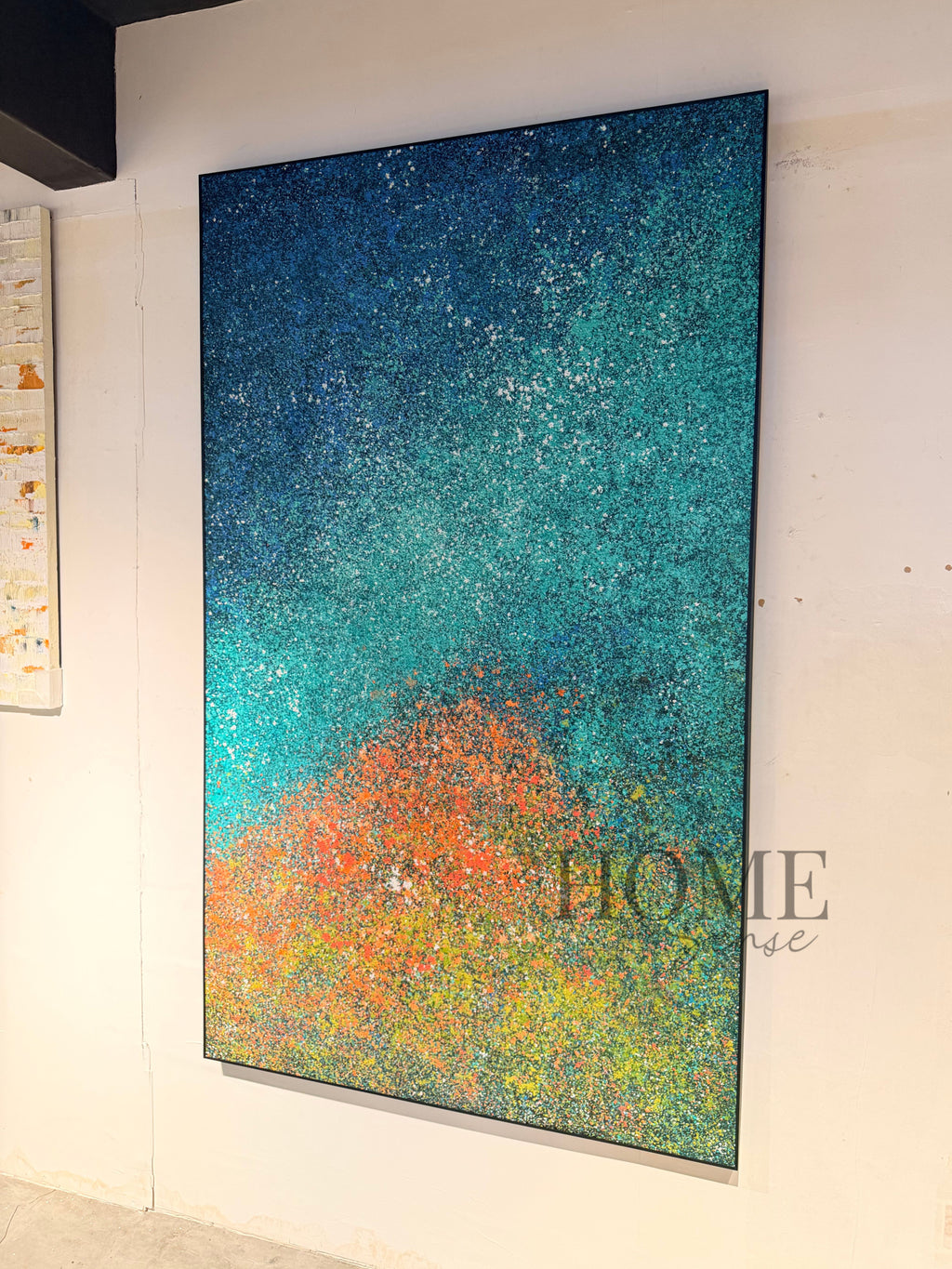 Midnight Nebula tall cosmic abstract wall art with turquoise, orange and golden colour transitions