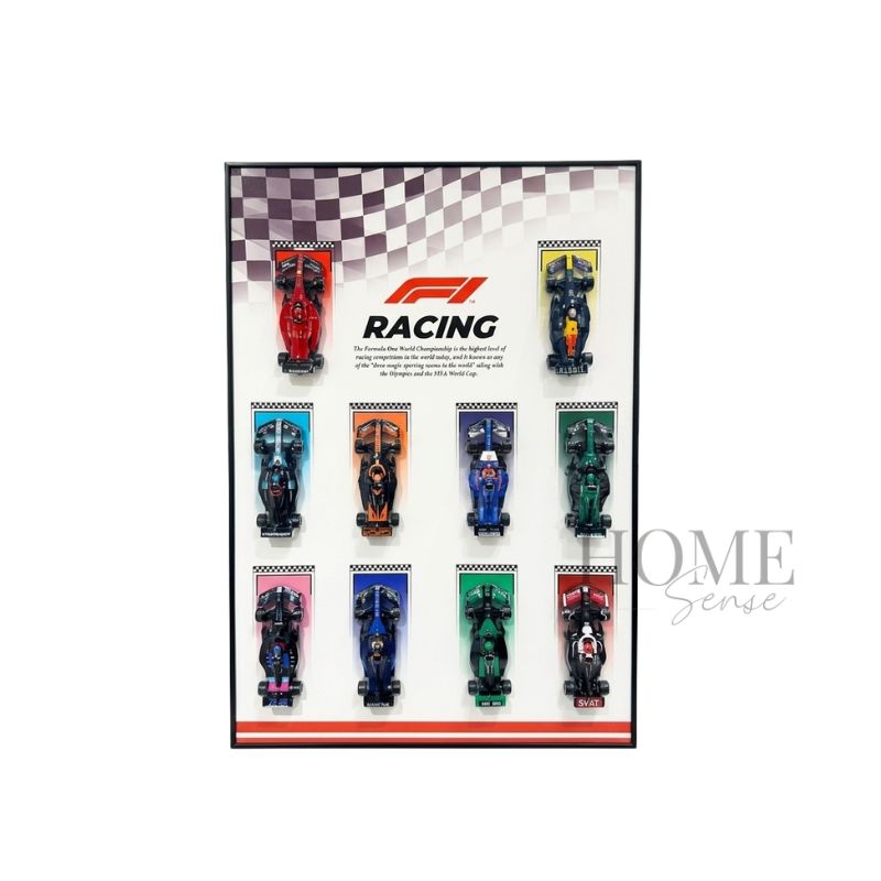 Legends of the Grid F1-inspired wall art with 10 miniature racing cars, 70x100cm