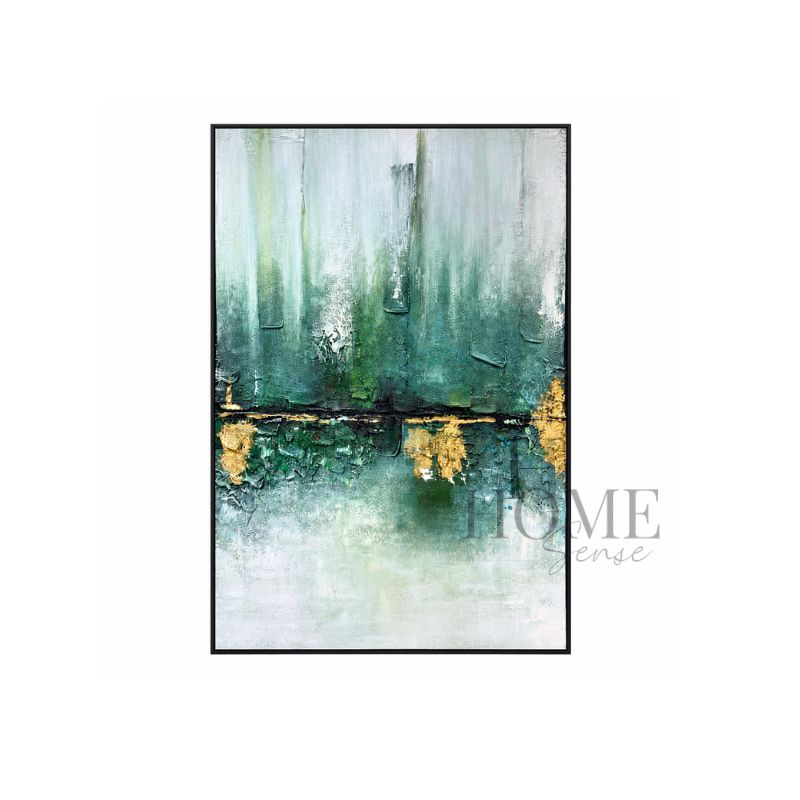 Echoes in Mist large green, teal and gold textured abstract canvas wall art in a black aluminium frame, 100x150cm