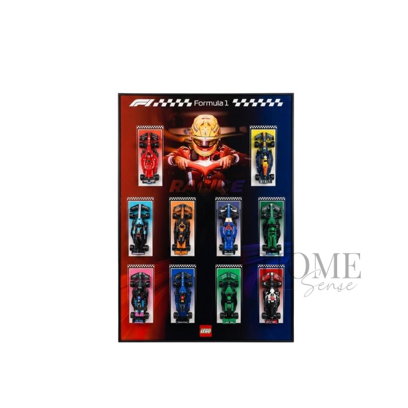 Race Legends F1-inspired wall art with 10 miniature racing cars in a black aluminium frame, 70x100cm
