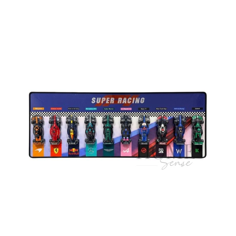 Super Racing panoramic F1-inspired wall art with 10 miniature racing cars in a black aluminium frame, 120x45cm