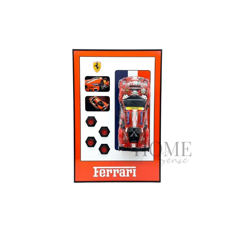 Ferrari-inspired 3D automotive wall art with a red model racing car, miniature wheels and photographs in a black aluminium frame, 60x90cm