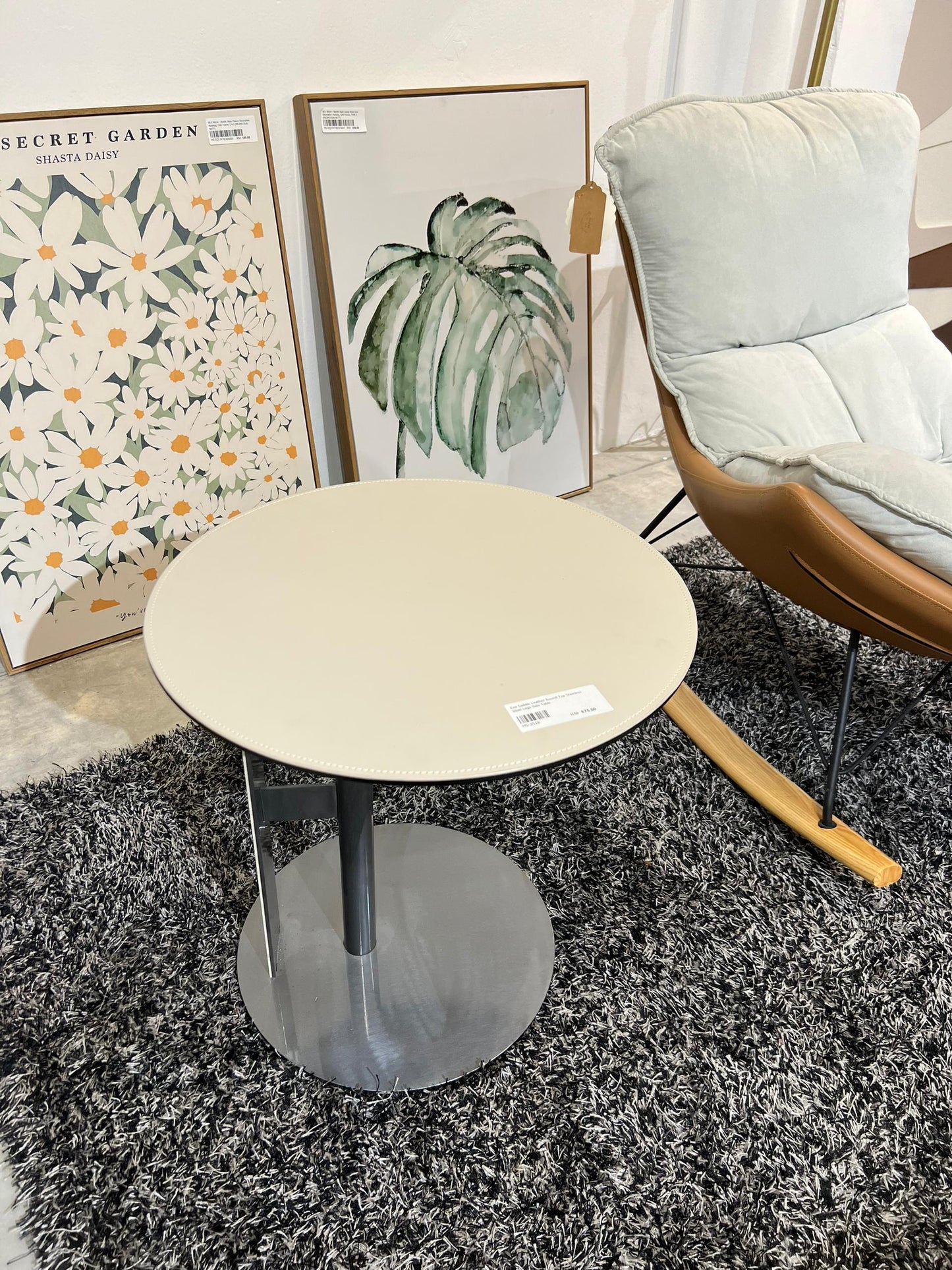 Eva Saddle Leather Round Top Stainless Steel Legs Side Table