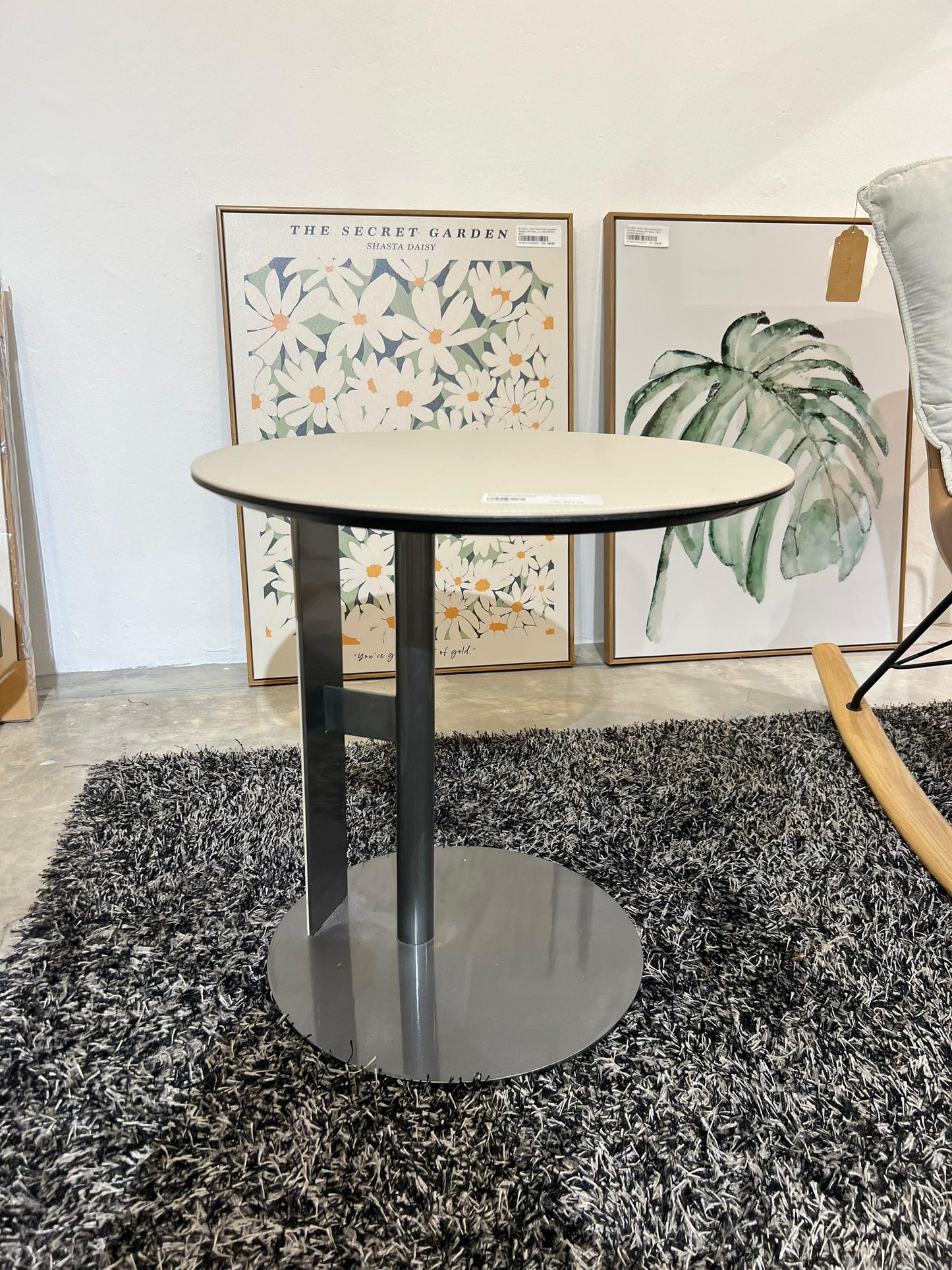 Eva Saddle Leather Round Top Stainless Steel Legs Side Table