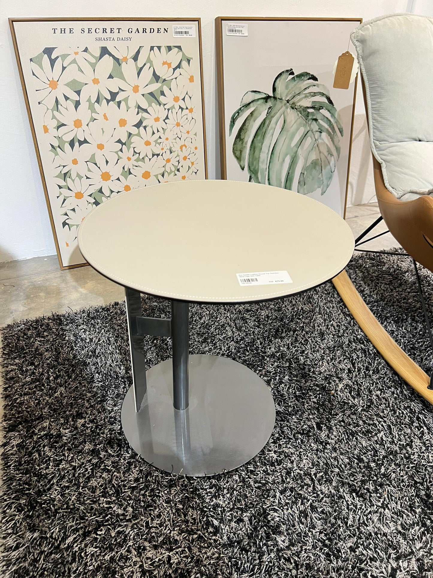 Eva Saddle Leather Round Top Stainless Steel Legs Side Table