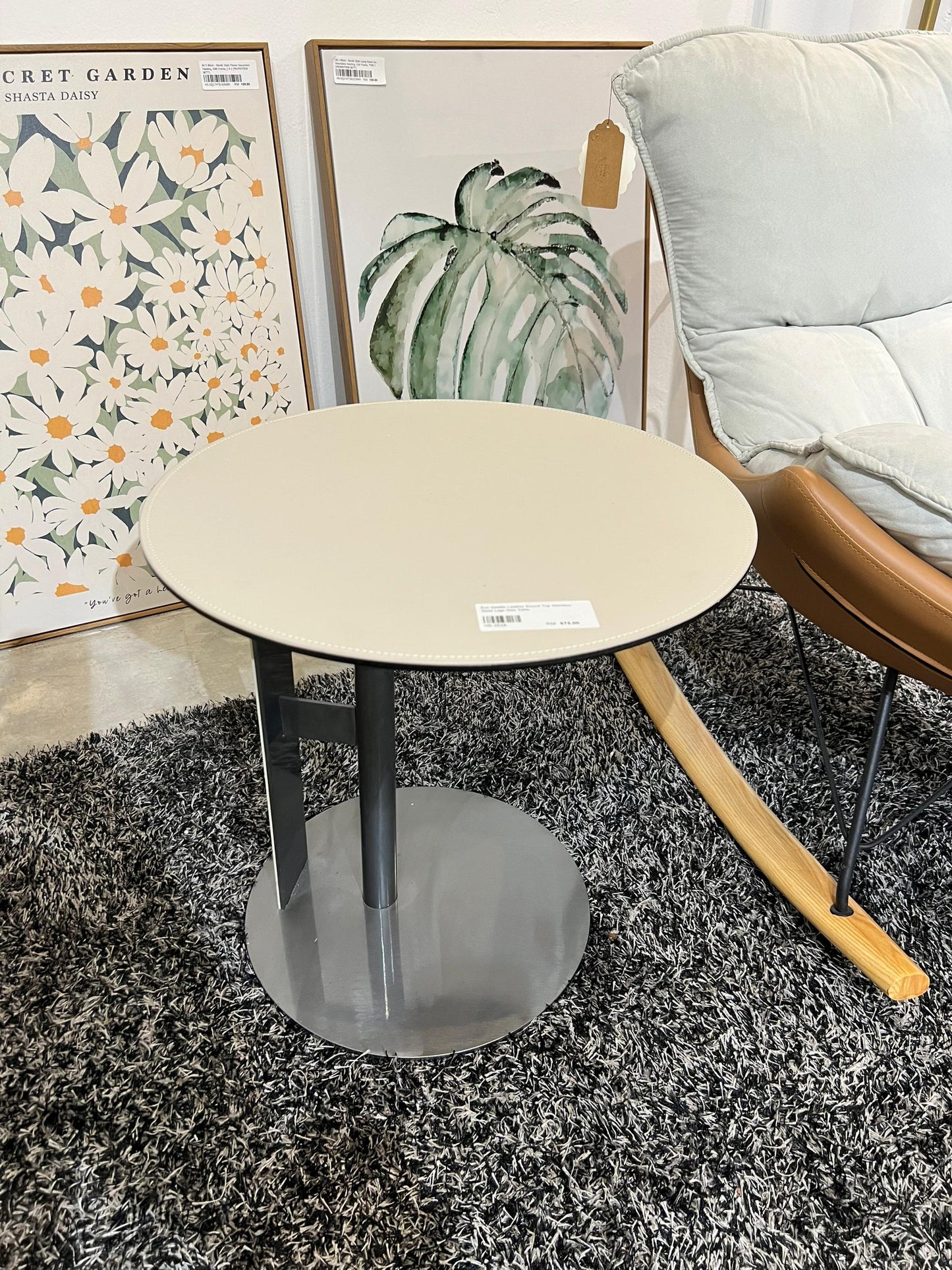 Eva Saddle Leather Round Top Stainless Steel Legs Side Table