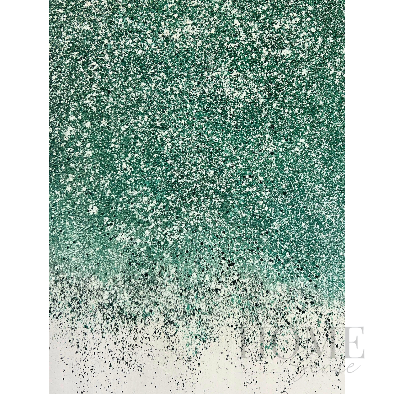 Close-up of Emerald Rainfall showing layered white and charcoal droplets over an emerald-green textured acrylic surface