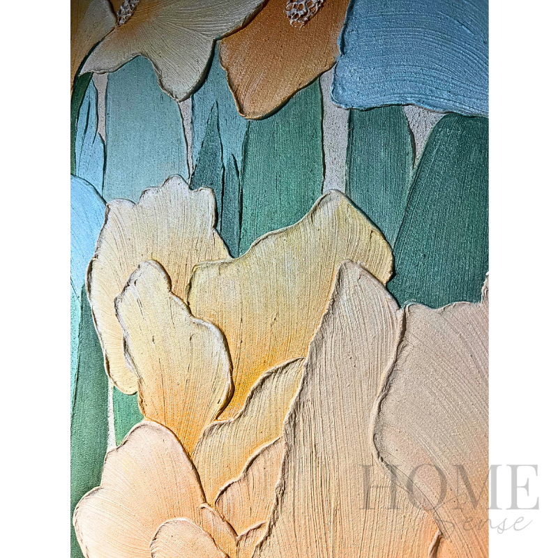 Close-up of Morning Bloom showing heavily raised acrylic petals and carved details in peach, cream, sage green and powder blue