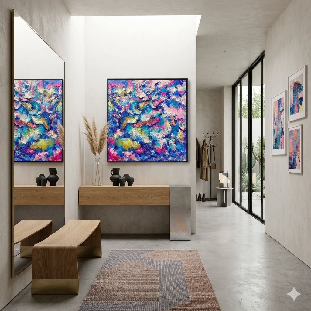 A modern interior hallway with abstract colorful wall art displayed above a console table, alongside a mirror and glass doors leading to an outdoor patio.