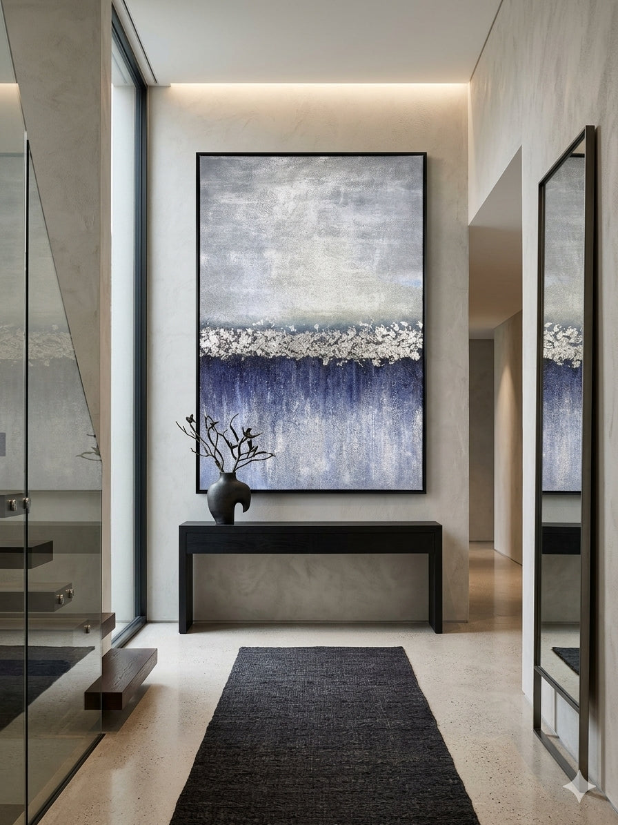 Lunar Shore – Blue & Silver Abstract Canvas Wall Art
