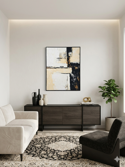 Modern living room with a white sofa, dark wooden sideboard, and abstract art on the wall.