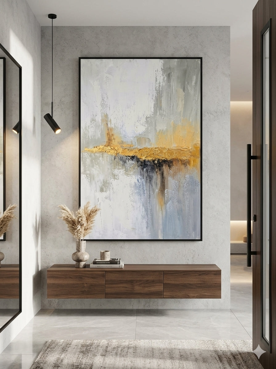 Echoes of Light – Gold & Grey Abstract Canvas Wall Art