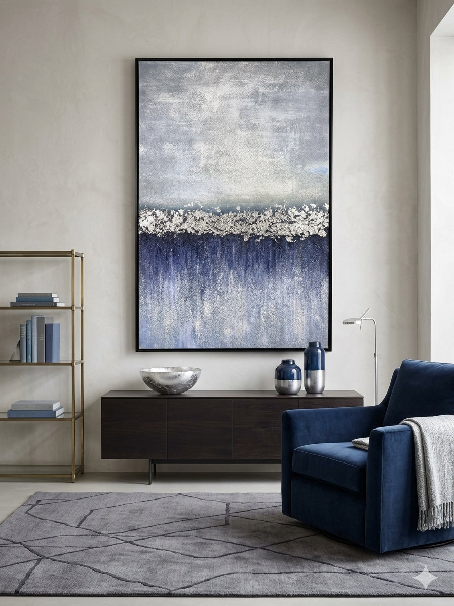 Lunar Shore – Blue & Silver Abstract Canvas Wall Art