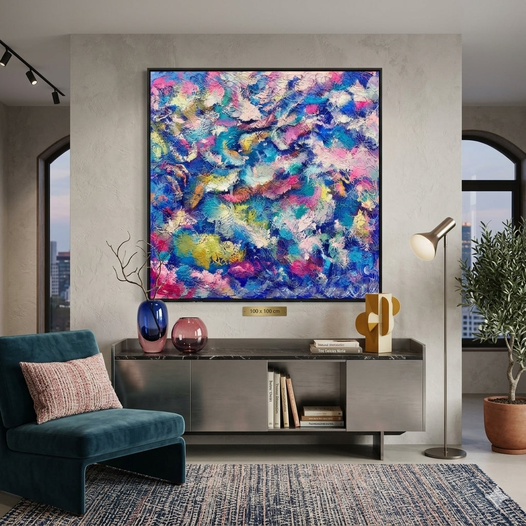 A large square abstract canvas painting with vibrant swirling brushstrokes in blue, purple, pink, yellow, and white, displayed on a wall above a modern gray console table in a styled living room.