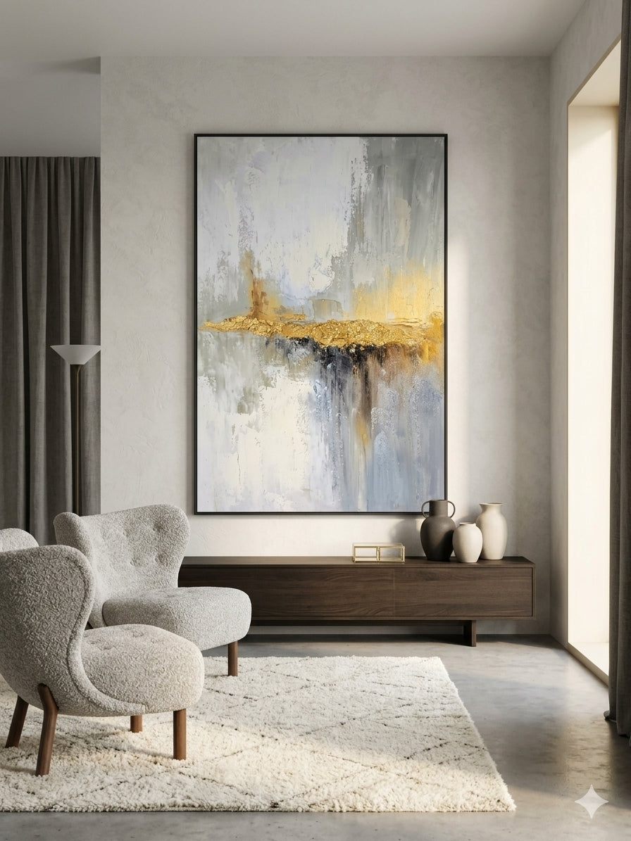Echoes of Light – Gold & Grey Abstract Canvas Wall Art