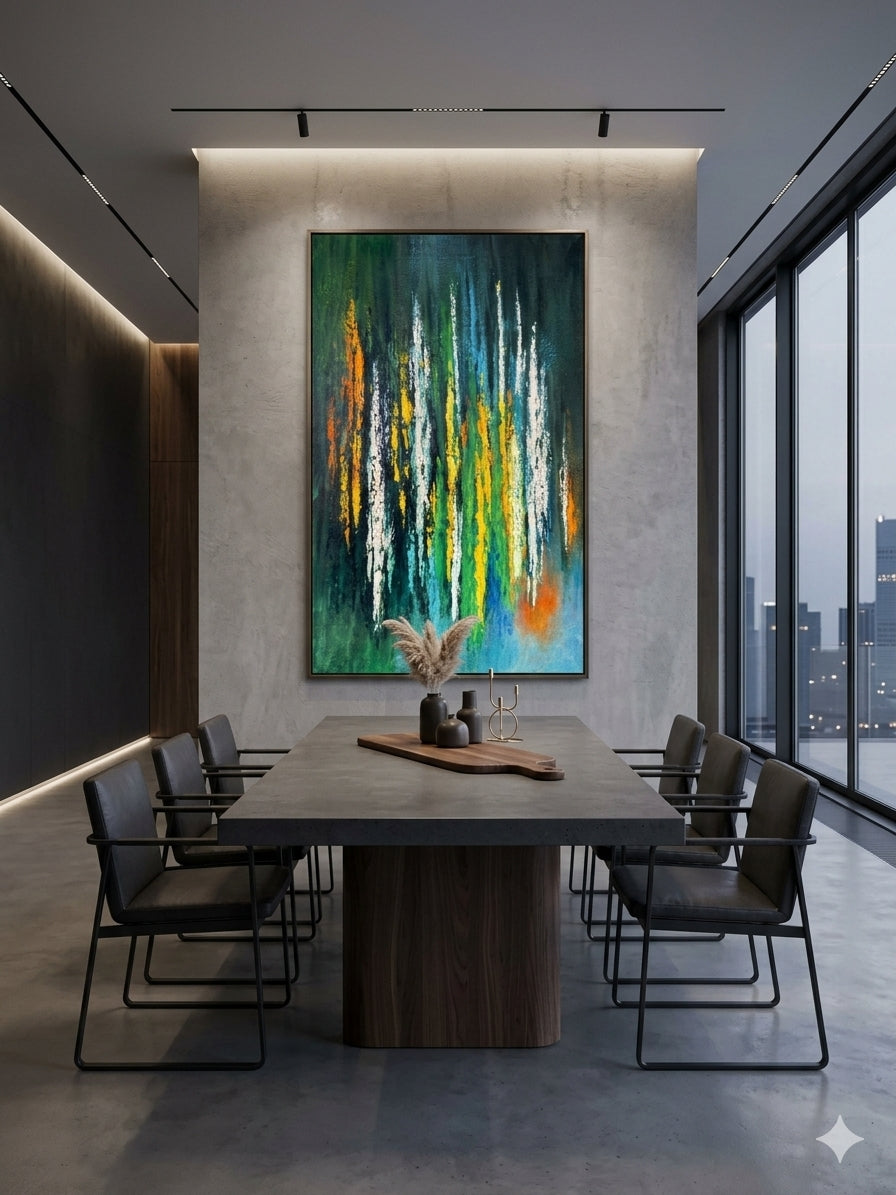 A large abstract canvas painting with vertical strokes of green, blue, yellow, and orange hangs on a textured light gray wall above a dark wood dining table and black chairs in a modern dining room with floor-to-ceiling windows.
