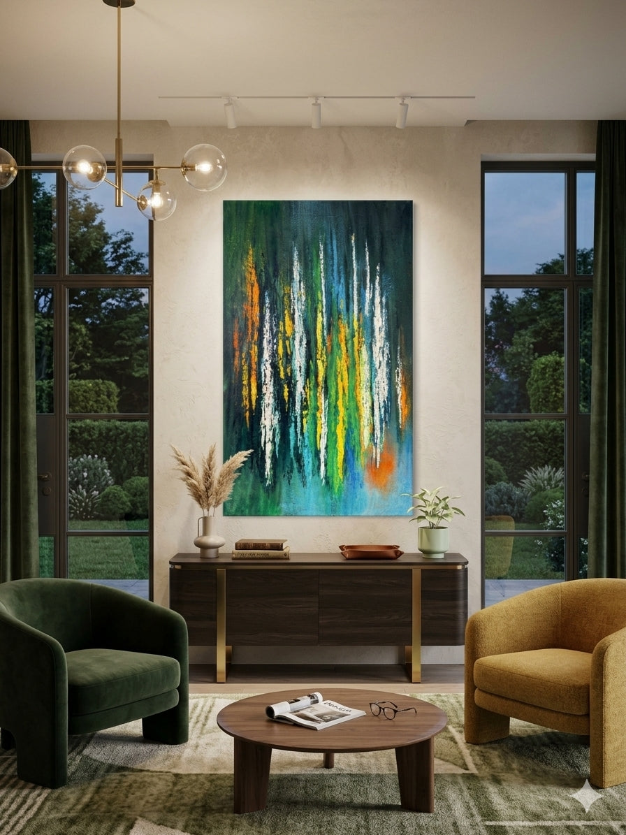 A large vertical abstract canvas painting with vibrant green, blue, yellow, orange, and white brushstrokes, displayed on a beige wall in a modern living room setting with two armchairs and a wooden console table.