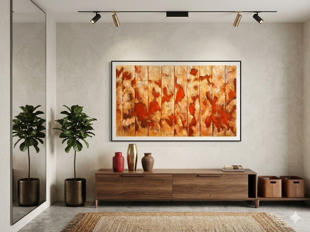 A framed abstract canvas painting with warm orange, red, and beige brushstrokes hanging on a light gray wall above a wooden console table in a modern living room setting.